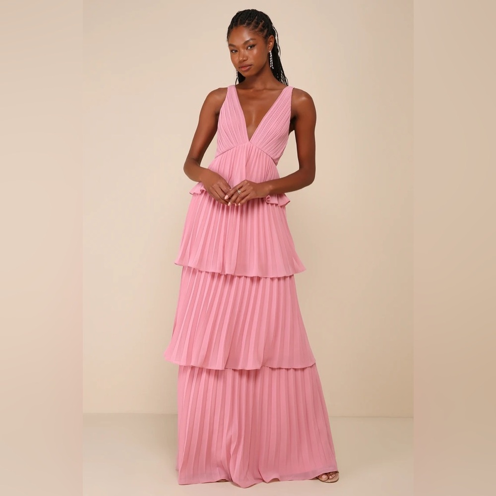 Lulus Mesmerizing Essence Pink Pleated Backless Tiered Maxi Dress Medium